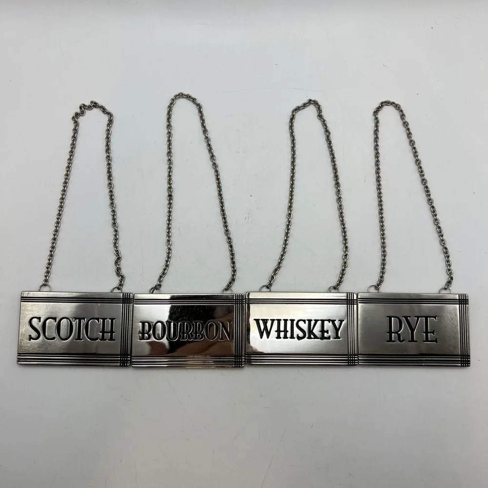 Godinger Silver Art Co Decanter Tags Labels Set of 4 Whiskey Bourbon Rye Scotch